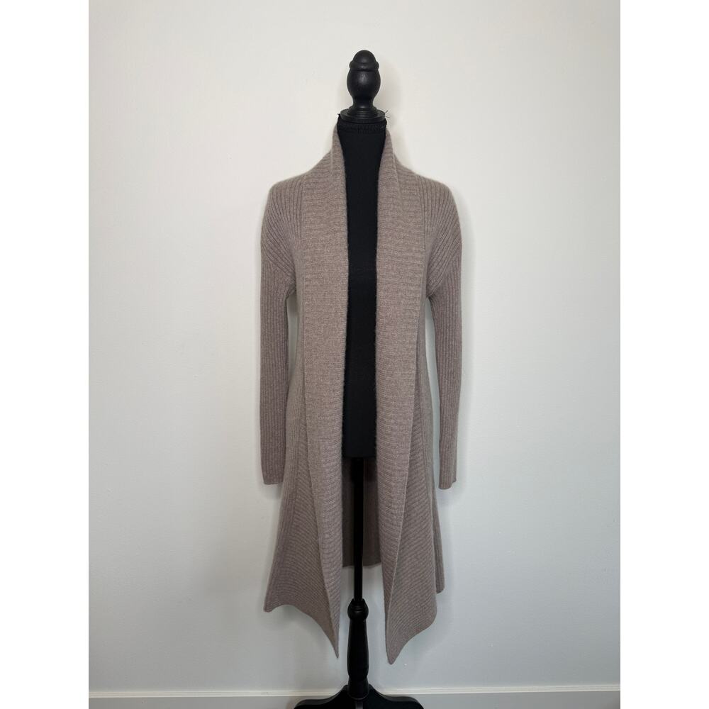 100% Cashmere Taupe Open Front Cardigan Duster Ribbed Minimalist Luxury XS S